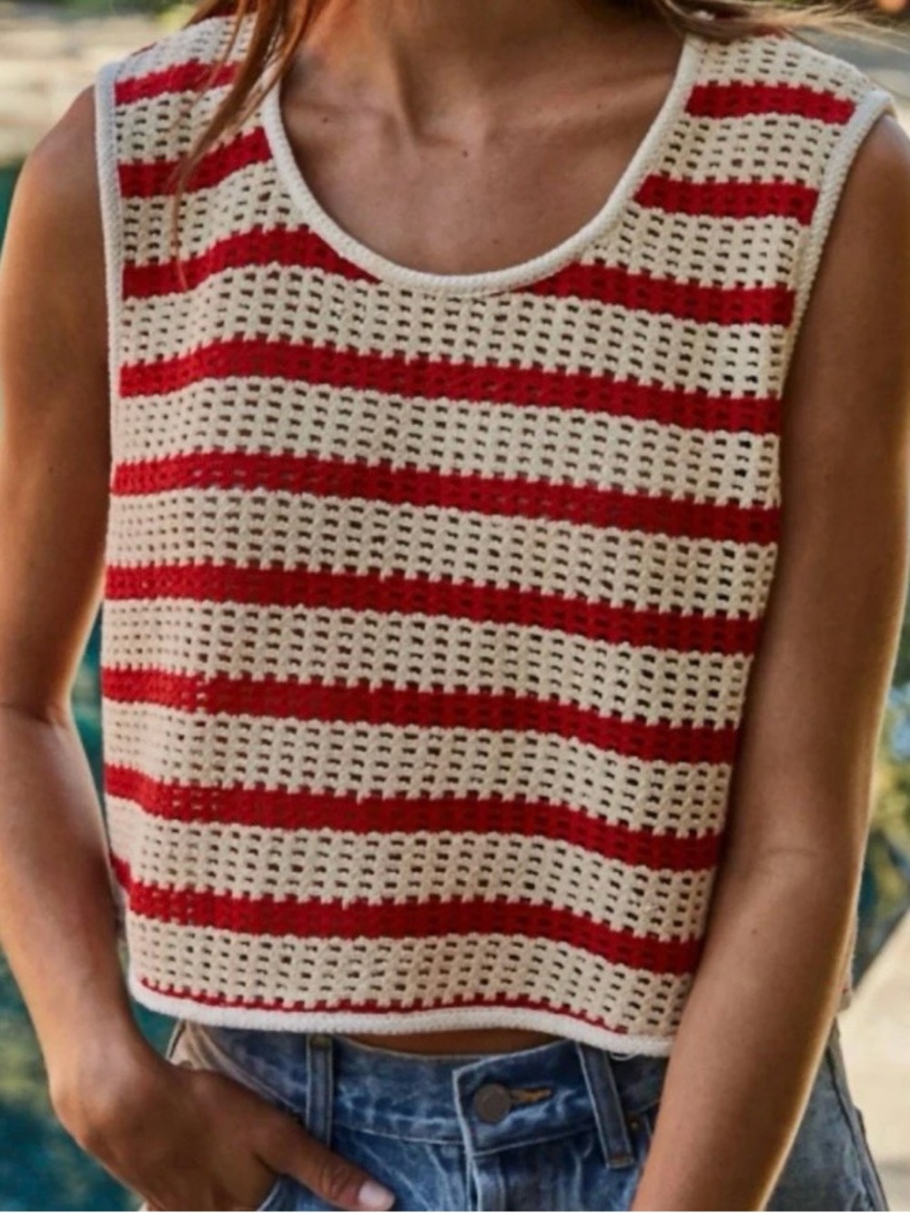 BY TOGETHER NWT Striped Sleeveless Top Crochet Look Boho Red/Natural Size Small